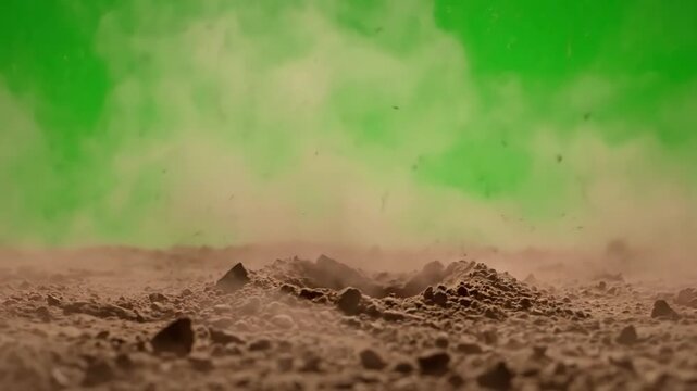 Green Screen bullet hit on dirt with chunks and debris flying dusty explosion black background alpha channel close up variations scene 4 distortion, overlay, glitch, static noise, scan lines