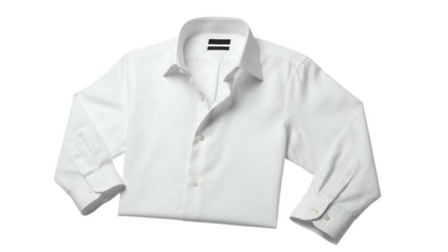 A crisp, neatly folded white dress shirt with long sleeves and buttoned cuffs
