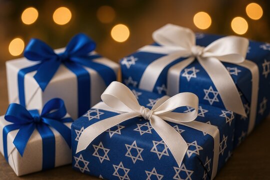 Elegant Hanukkah gifts wrapped in blue and white paper with satin ribbons and star patterns. Symbolizes giving, celebration and tradition during the Jewish festival of lights