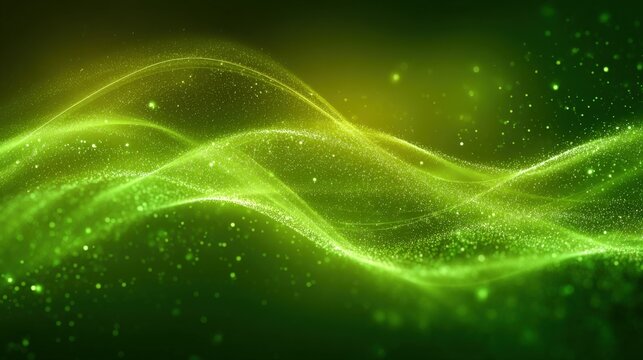 Abstract Green Wave Background with Glowing Particles for Modern Technology and Science Presentation - Powered by Adobe