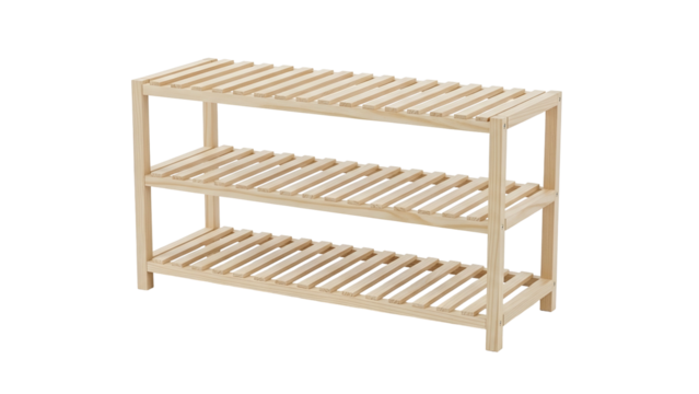 A light-colored three-tiered wooden shoe rack, slatted shelves, on a black background
