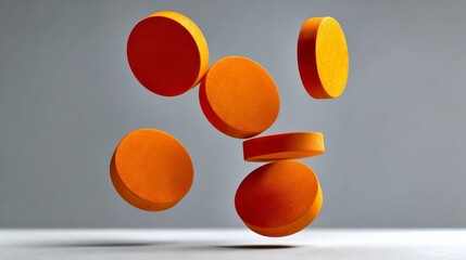 Floating orange circular shapes in mid-air, showcasing a vibrant design with a smooth texture, creating a dynamic visual effect against a minimalist gray background