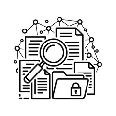 Data analysis with magnifying glass and documents isolated on information research
