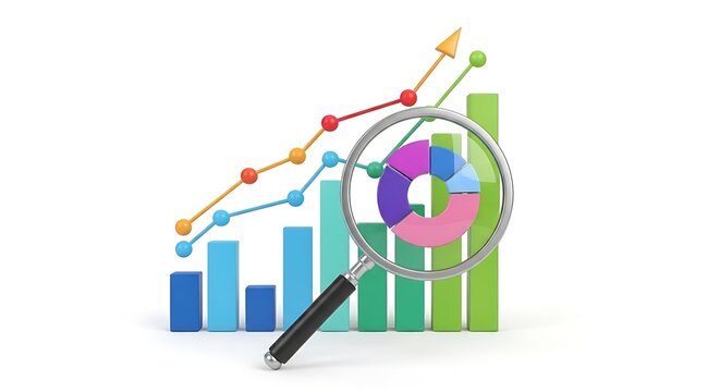 Analyzing business growth with magnifying glass on colorful charts and graphs