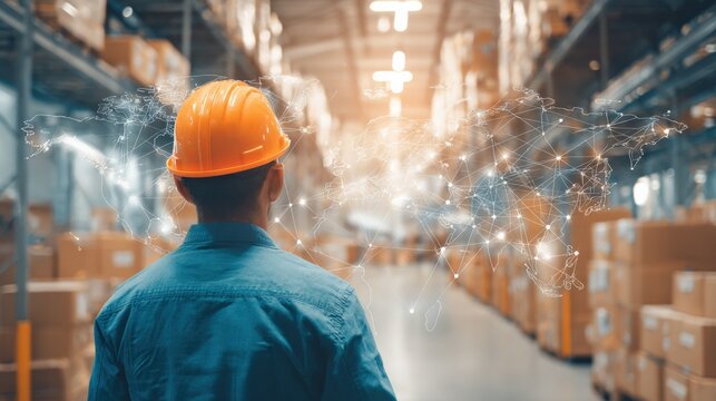Warehouse Worker Overseeing Global Logistics Network Operations, Wearing Hard Hat, in a Storage Distribution Center - Powered by Adobe