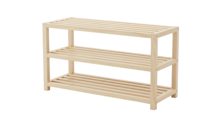 Three-tiered wooden shoe rack, light color, slatted shelves, simple design, isolated on black