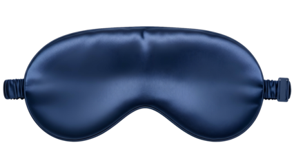 A close-up studio shot of a smooth, dark blue silk sleep mask on a black background