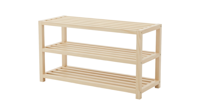 Three-tiered wooden shoe rack, light color, slatted shelves, simple design, isolated on black