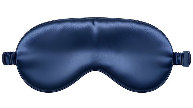A close-up studio shot of a smooth, dark blue silk sleep mask on a black background