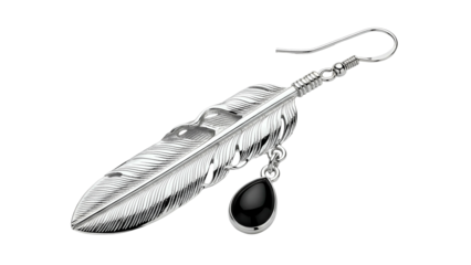 Detailed image of a sterling silver feather earring with a dangling black teardrop gem
