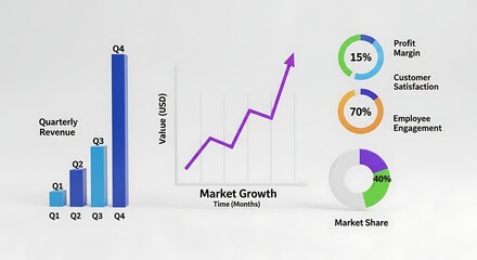Business performance metrics visualization with bar graph line chart and pie chart