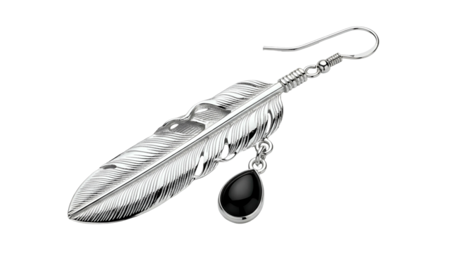 Detailed image of a sterling silver feather earring with a dangling black teardrop gem