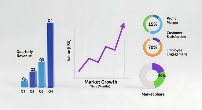 Business performance metrics visualization with bar graph line chart and pie chart - Powered by Adobe