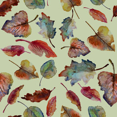 Seamless pattern of watercolor autumn leaves in soft earthy tones, featuring various leaf shapes painted with artistic texture on a light background.