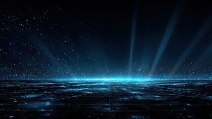 Abstract Digital Landscape Illuminated By Rays of Light with Floating Particles in Gradient Blue Tones