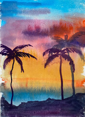 Watercolor tropical sunset with silhouettes of palm trees against vibrant sky. Beach landscape, summer mood, colorful seascape illustration.