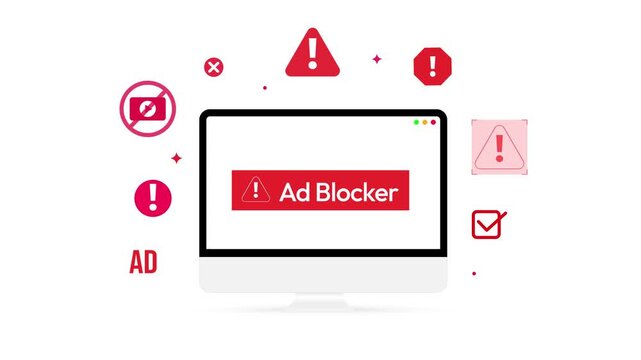 Ad block user interface 4k animation with red shapes on the computer screen 
