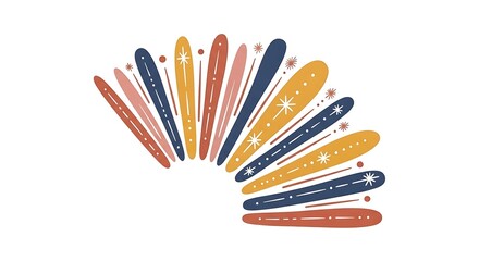 Colorful abstract sunburst pattern with stars and dots on white.