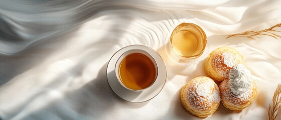 Elegant cake rolls and tea setting