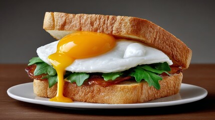 Delicious breakfast sandwich featuring crispy bacon, fresh greens, and a perfectly cooked fried egg with a runny yolk, served on toasted bread, showcasing a mouthwatering culinary creation