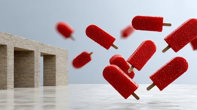 Vibrant red popsicles floating in mid-air against a minimalist backdrop, showcasing a playful summer theme with a modern architectural setting and smooth surfaces