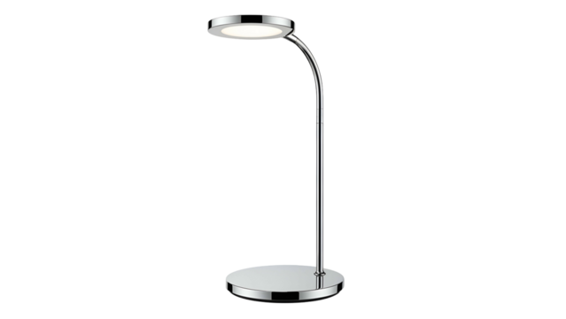 Modern, sleek, chrome desk lamp with circular base and adjustable, illuminated head on black backdrop