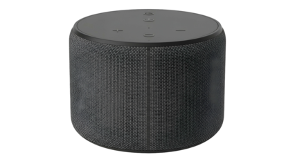 Dark cylindrical smart home audio device with fabric mesh and top buttons