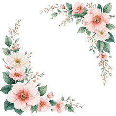 Fototapeta premium Elegant floral corner accents with soft pink and cream blossoms and greenery isolated on transparent background