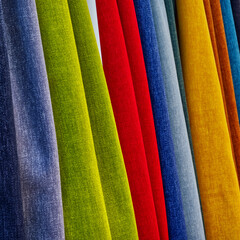 Colorful fabric swatches hanging in a row showing vibrant textile textures and variety of materials