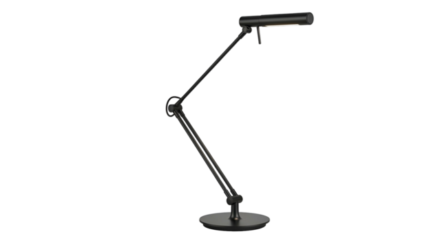 Modern black articulating desk lamp against black background