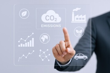 Fototapeta premium Carbon Dioxide Emissions Reduction Concept: Man Interacting with Virtual Display to Minimize Environmental Impact