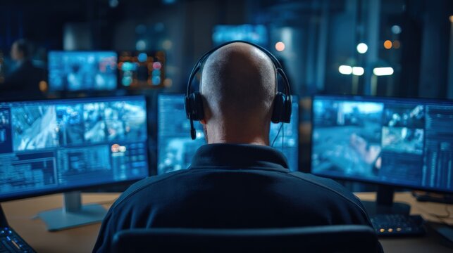 Security Guard Monitoring Surveillance System from Control Room with Multiple Monitors Providing Comprehensive Coverage