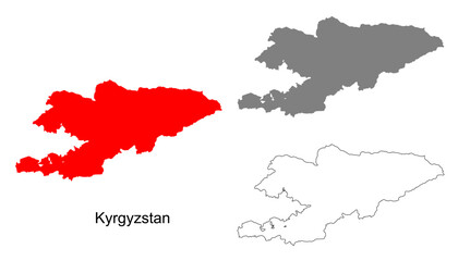 Obraz premium Set of Kyrgyzstan Map Design. Kyrgyzstan Map Vector Illustration on Red Silhouette, Gray, and Outline. Perfect for infographics, presentations, and educational materials