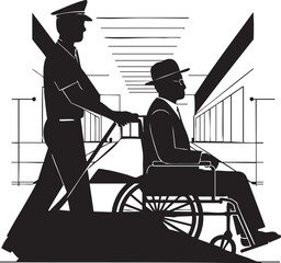 Obraz premium Silhouetted security guard assists senior gentleman in wheelchair at the airport in black and white