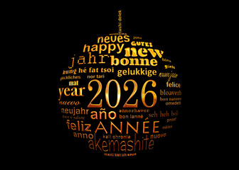 2026 new year multilingual text word cloud greeting card in the shape of a christmas ball © Delphotostock