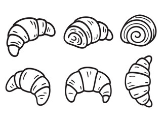 Croissant pastry line black icons set
