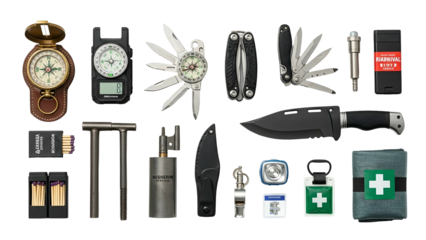 An assortment of outdoor and survival gear arranged on a surface