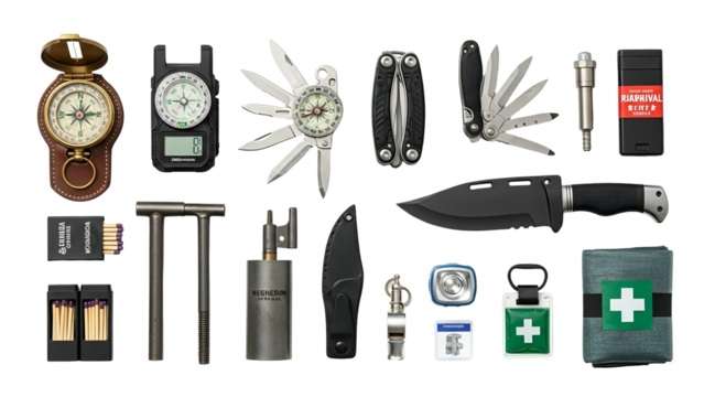 An assortment of outdoor and survival gear arranged on a surface
