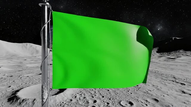 Desolate Extraterrestrial Landscape with lunar astronaut walks on the moon green screen flag placing a pole surface and salutes you can track add your logo distortion, overlay, glitch, static noise
