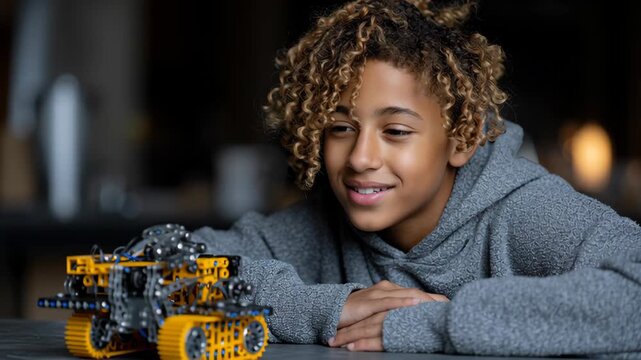 Young inventor smiles while showcasing a colorful robot creation
