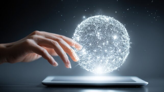 Digital Sphere Interaction: Woman's Hand Touching Glowing Orb Above Tablet, Concept of Future Technology
