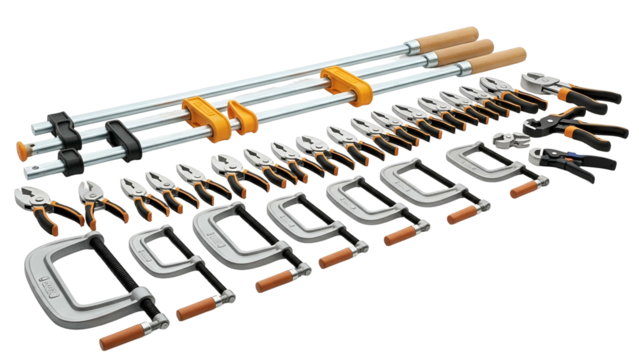 Array of clamps and pliers, organized on a dark background