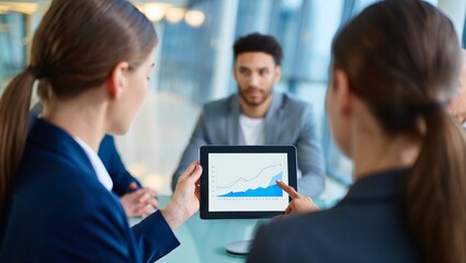 Over-the-shoulder view of a businesswoman pointing at a blue financial graph on a digital tablet during a meeting with a blurred male colleague in a bright modern office
