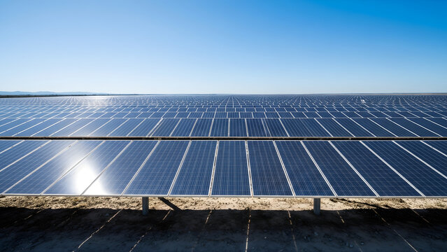Large solar panel field under bright sunlight, symbolizing renewable energy, sustainability, and modern green technology for clean electricity production in eco-friendly environments.