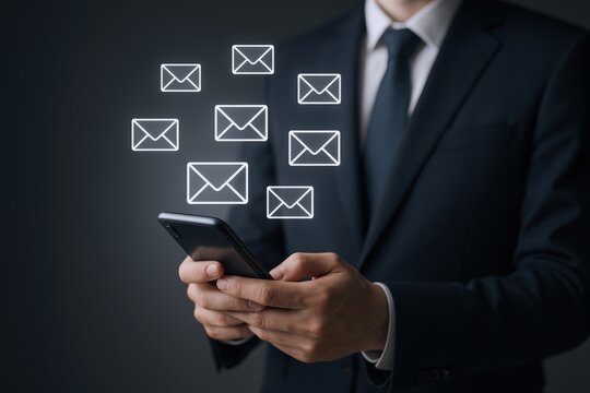 Professional uses smartphone for business email marketing campaign, surrounded by email icons on dark gray background