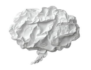 Artistic rendering of a thought bubble sculpted from crumpled white paper against a black backdrop