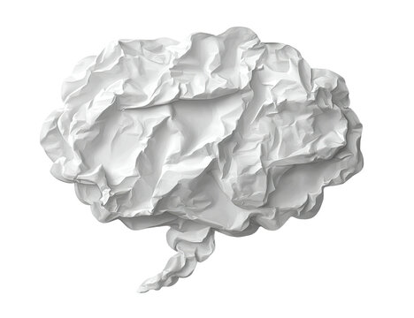 Artistic rendering of a thought bubble sculpted from crumpled white paper against a black backdrop