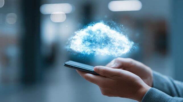 Cloud Technology Concept: Person Using Smartphone with Digital Cloud Overlay, Representing Cloud Computing and Data Transfer