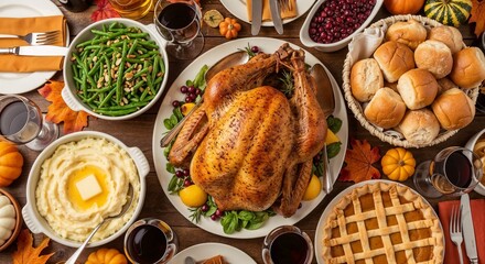Delicious Thanksgiving feast with turkey, sides, and desserts on a festive table