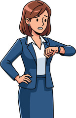 Cartoon businesswoman looking at wristwatch with worried expression, professional female character in office suit checking time, deadline stress illustration.